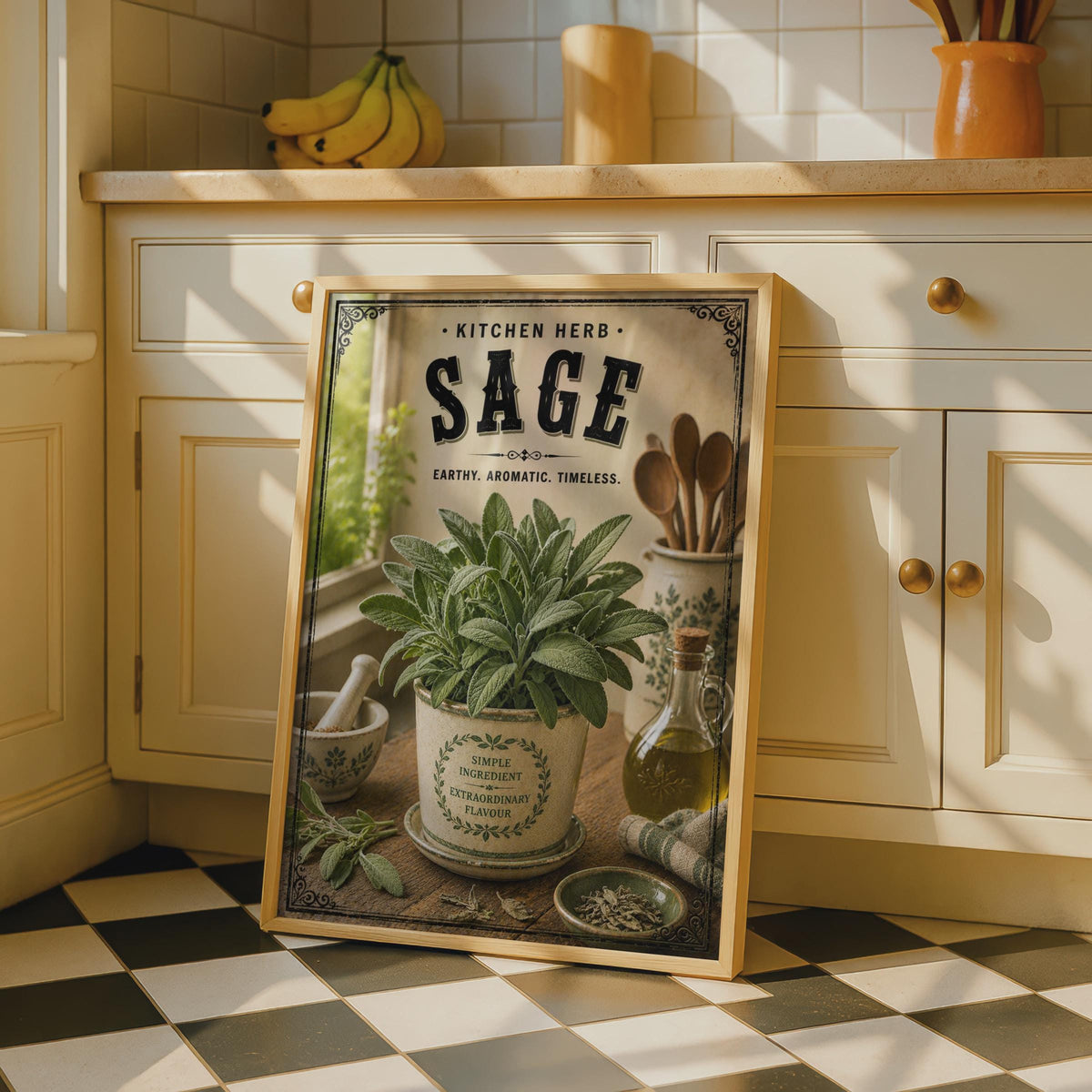 Sage Kitchen Herb Vintage Poster, Botanical Rustic Wall Art, Farmhouse Food Decor