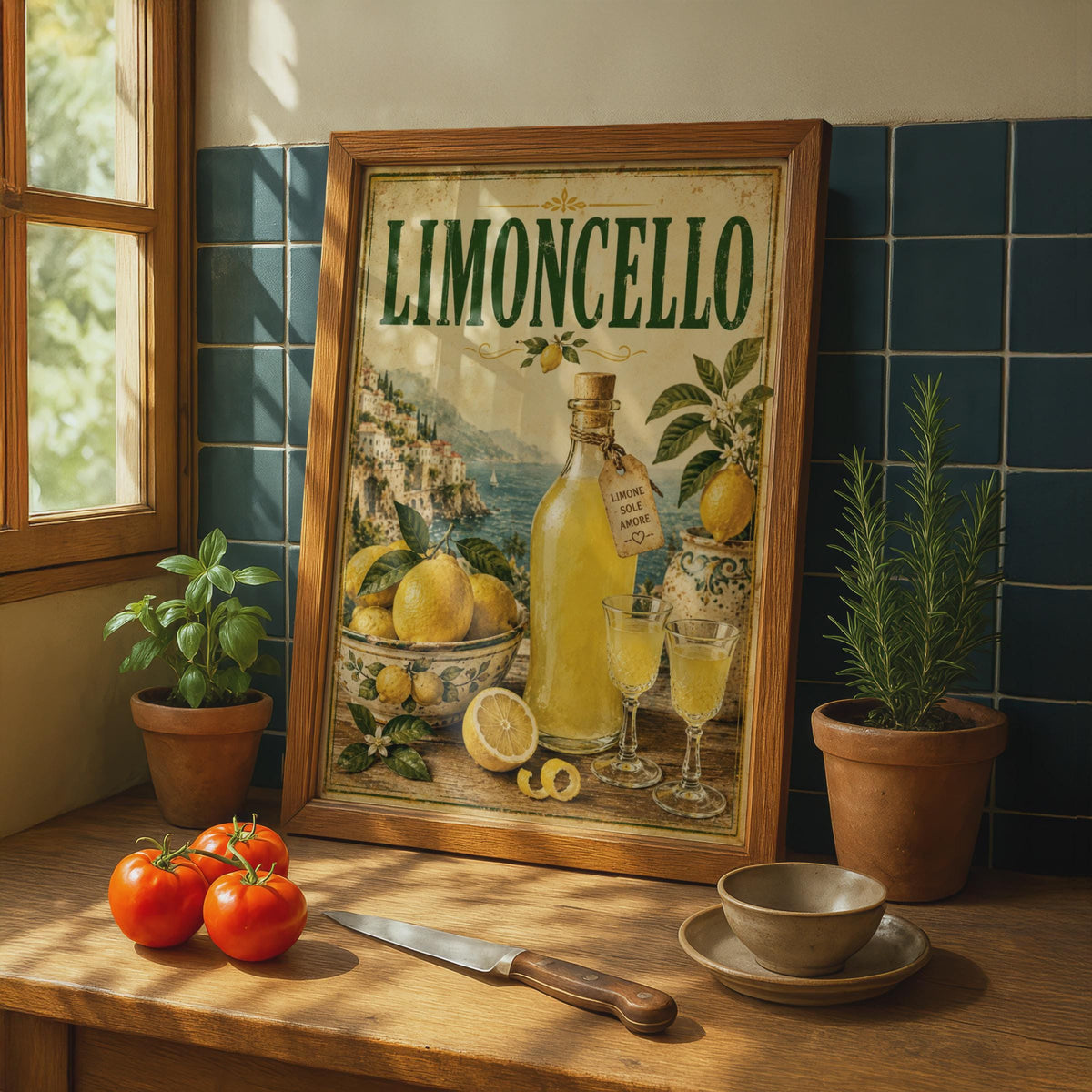 Limoncello Vintage Italian Poster, Amalfi Coast Lemon Wall Art, Kitchen Bar Decor