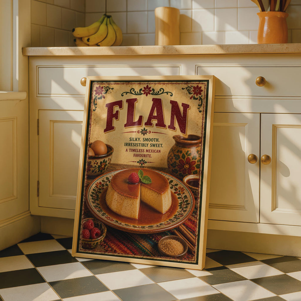 Flan Mexican Dessert Poster, Vintage Kitchen Wall Art, Caramel Food Print, Retro