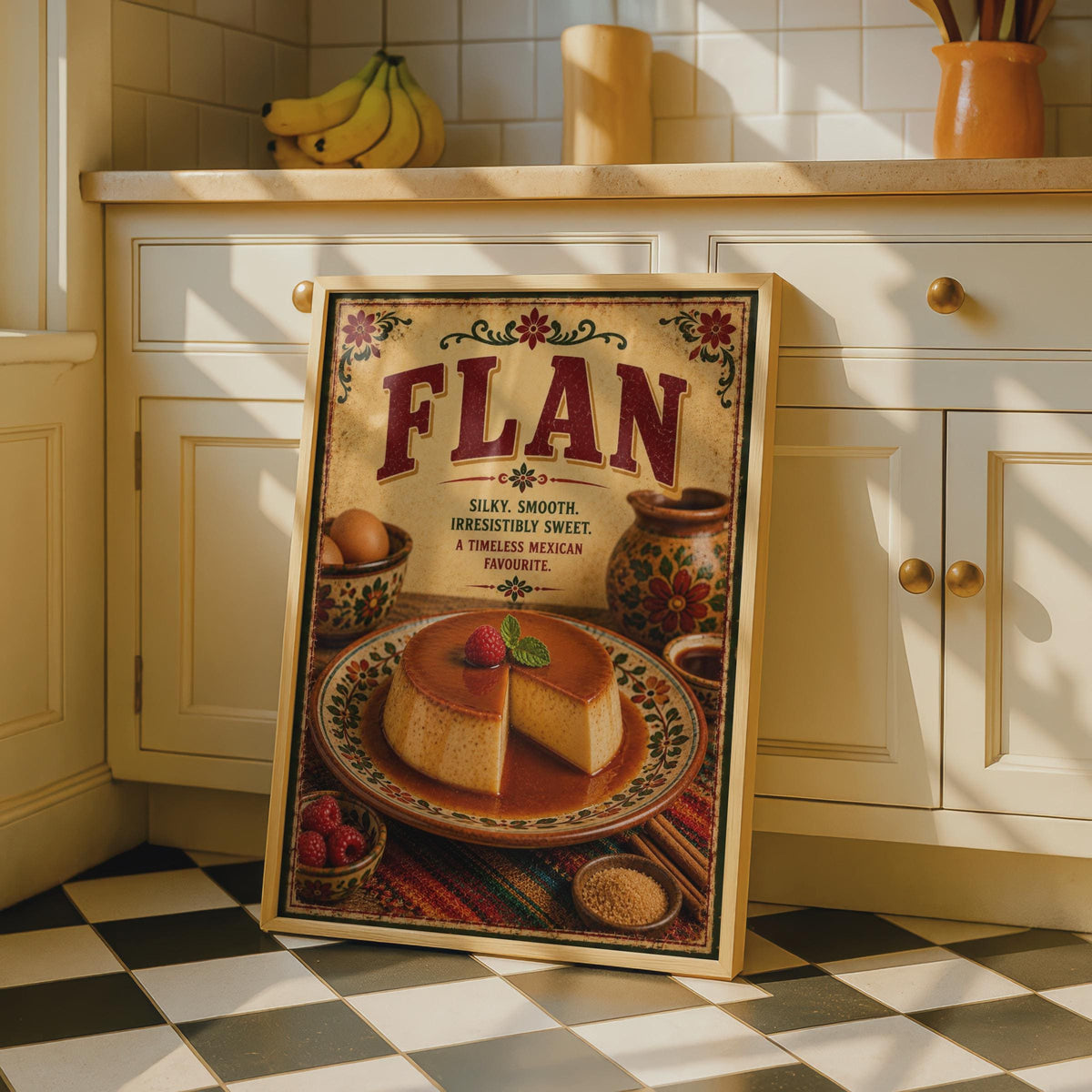 Flan Mexican Dessert Poster, Vintage Kitchen Wall Art, Caramel Food Print, Retro