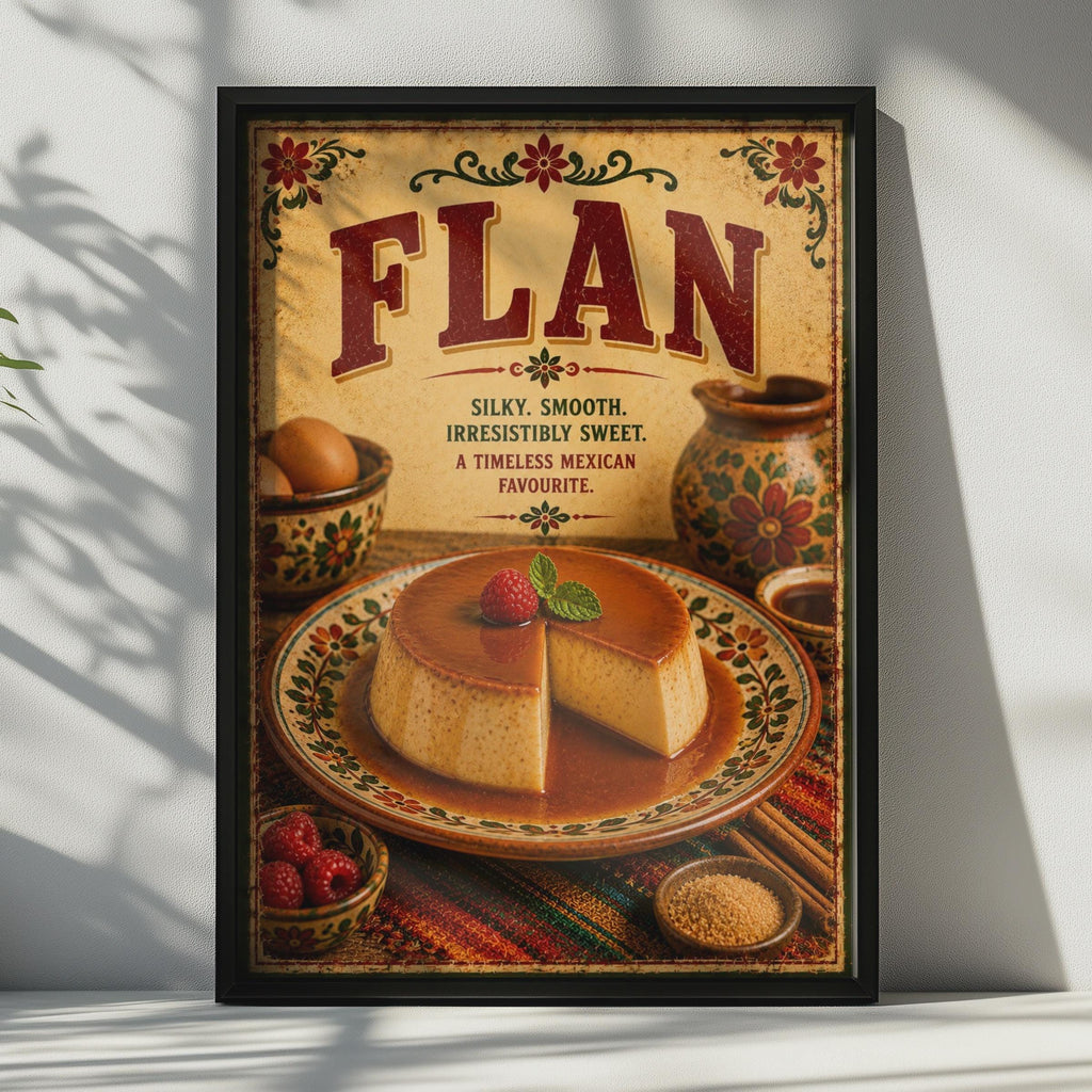 Flan Mexican Dessert Poster, Vintage Kitchen Wall Art, Caramel Food Print, Retro