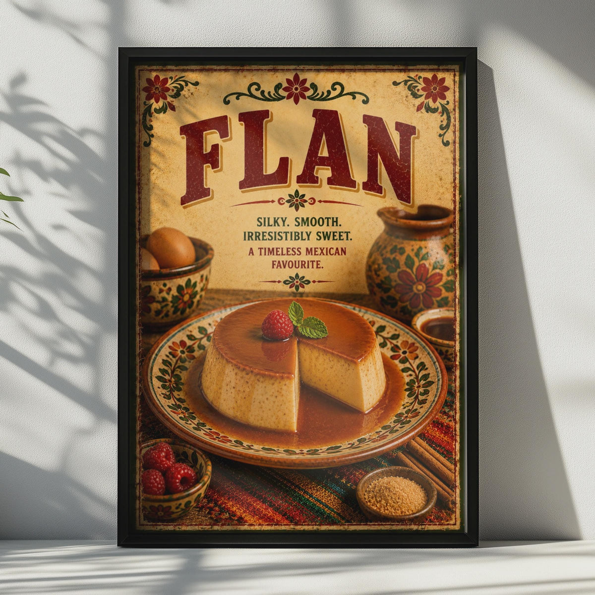 Flan Mexican Dessert Poster, Vintage Kitchen Wall Art, Caramel Food Print, Retro
