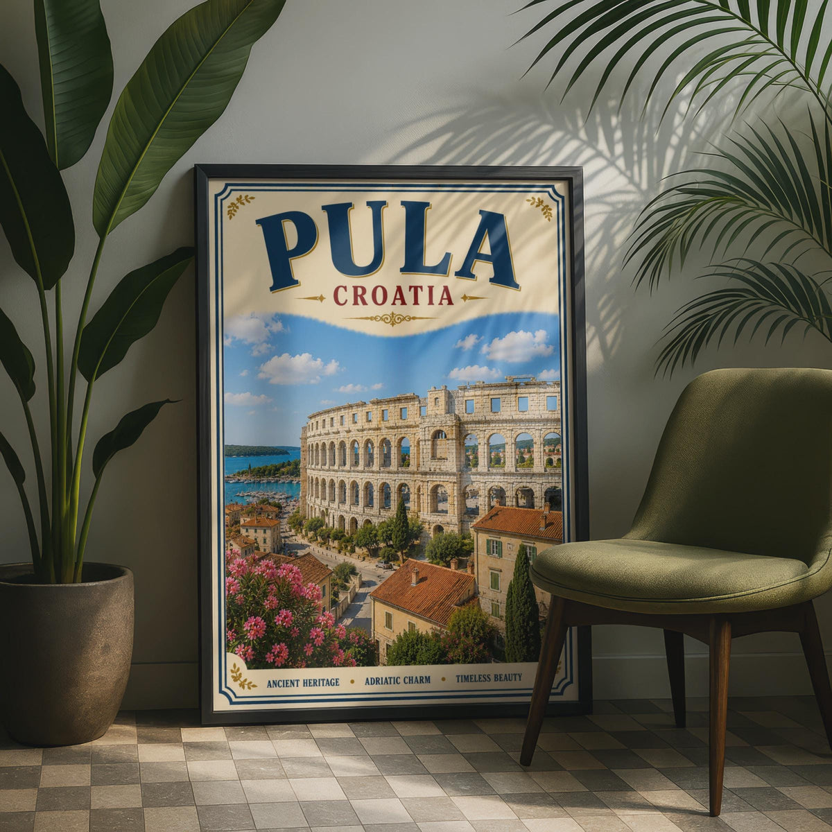 Pula Croatia Travel Poster, Roman Arena Adriatic Wall Art, Vintage Istria Print