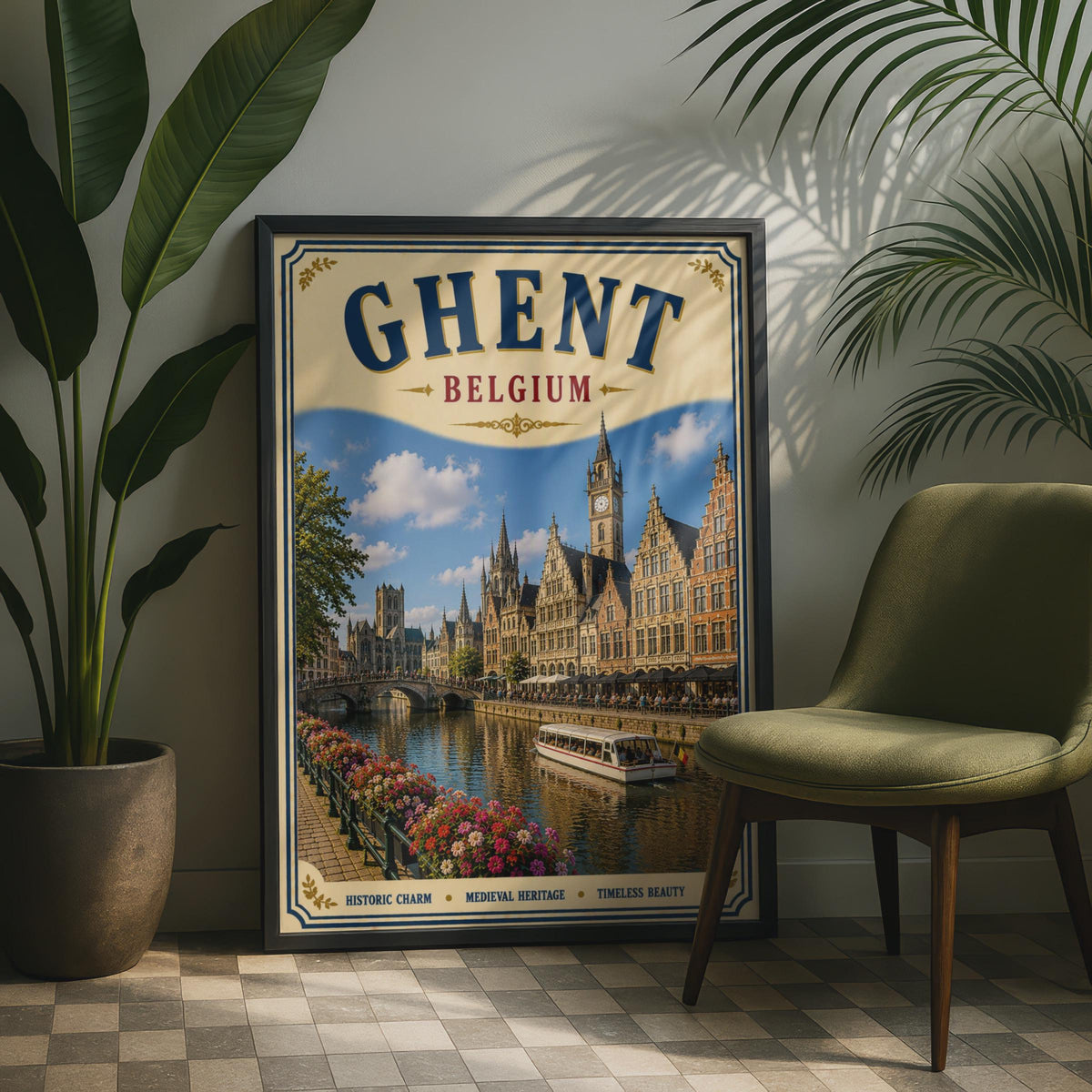 Ghent Belgium Travel Poster, Vintage Canal City Wall Art, Belgian Medieval Architecture Print