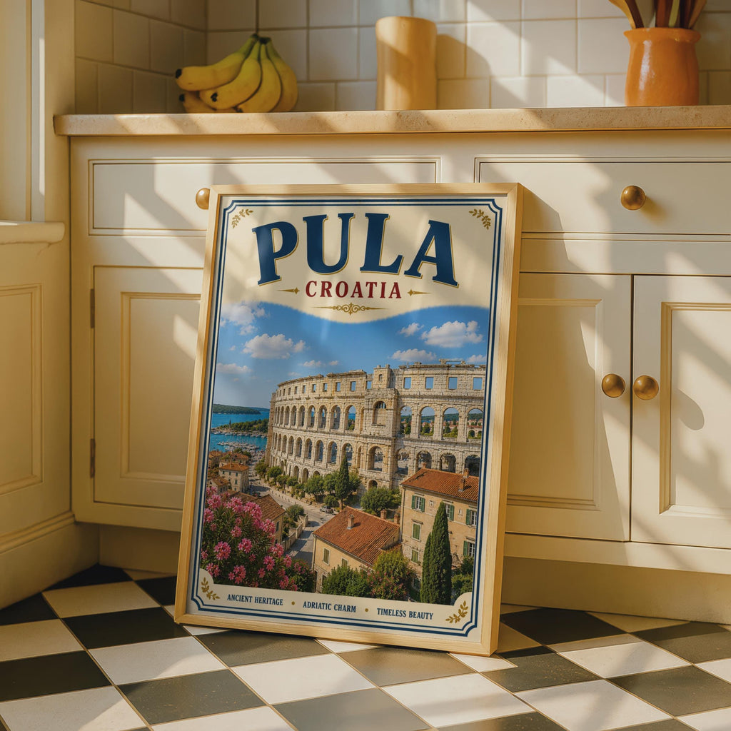 Pula Croatia Travel Poster, Roman Arena Adriatic Wall Art, Vintage Istria Print