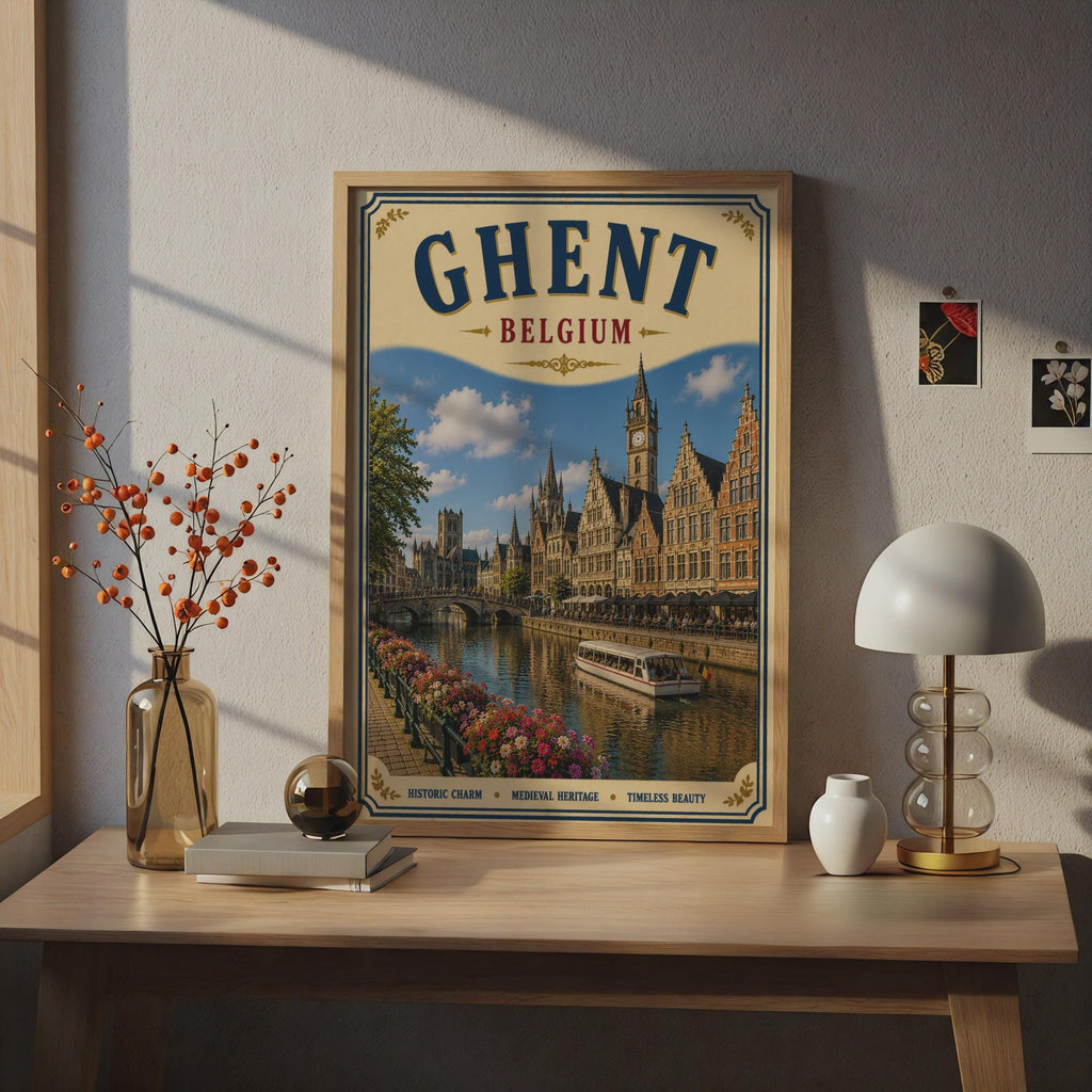 Ghent Belgium Travel Poster, Vintage Canal City Wall Art, Belgian Medieval Architecture Print