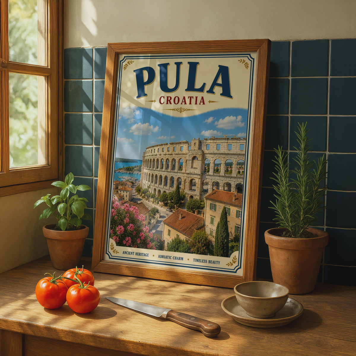 Pula Croatia Travel Poster, Roman Arena Adriatic Wall Art, Vintage Istria Print