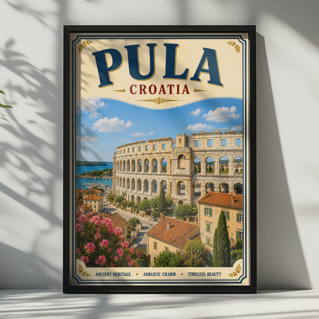 Pula Croatia Travel Poster, Roman Arena Adriatic Wall Art, Vintage Istria Print