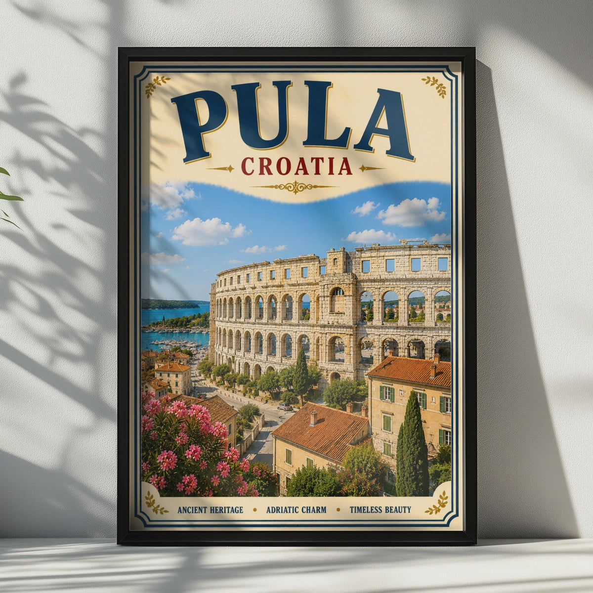 Pula Croatia Travel Poster, Roman Arena Adriatic Wall Art, Vintage Istria Print
