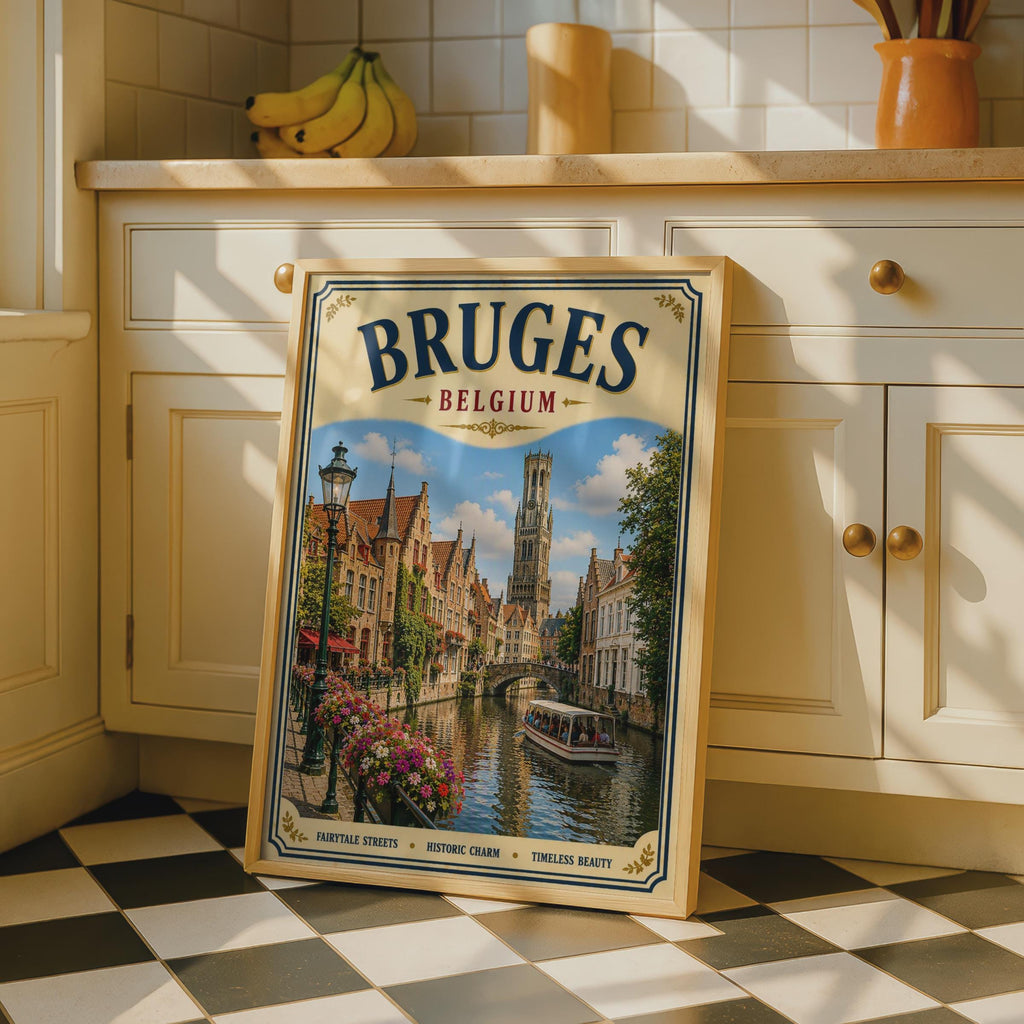 Bruges Belgium Travel Poster, Vintage Canal Wall Art, Belgian City Print, Europe