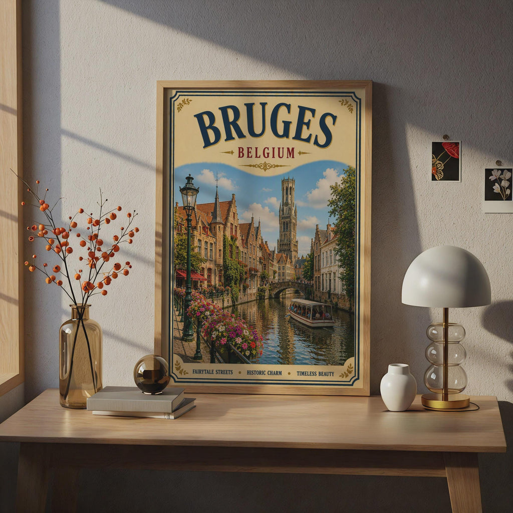 Bruges Belgium Travel Poster, Vintage Canal Wall Art, Belgian City Print, Europe
