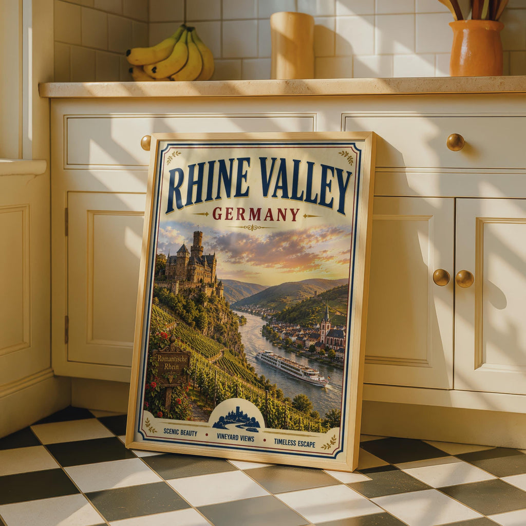 Rhine Valley Germany Travel Poster, Vintage Castle Vineyard Wall Art, River Cruise