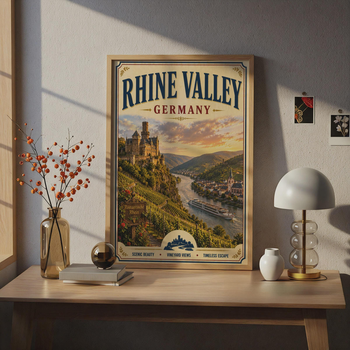 Rhine Valley Germany Travel Poster, Vintage Castle Vineyard Wall Art, River Cruise