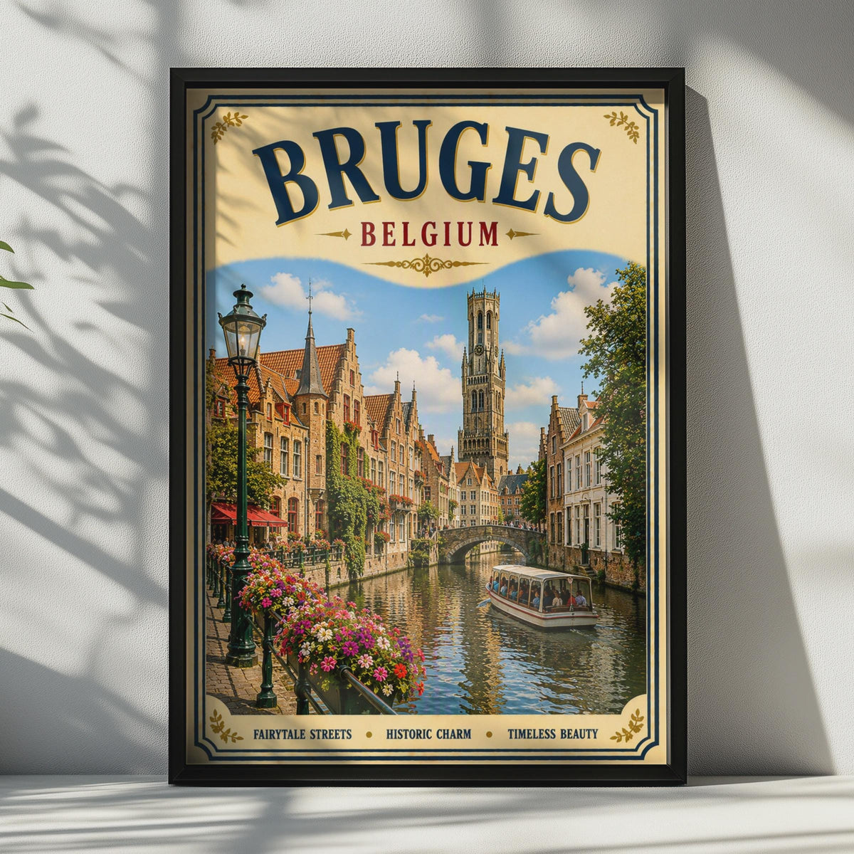 Bruges Belgium Travel Poster, Vintage Canal Wall Art, Belgian City Print, Europe