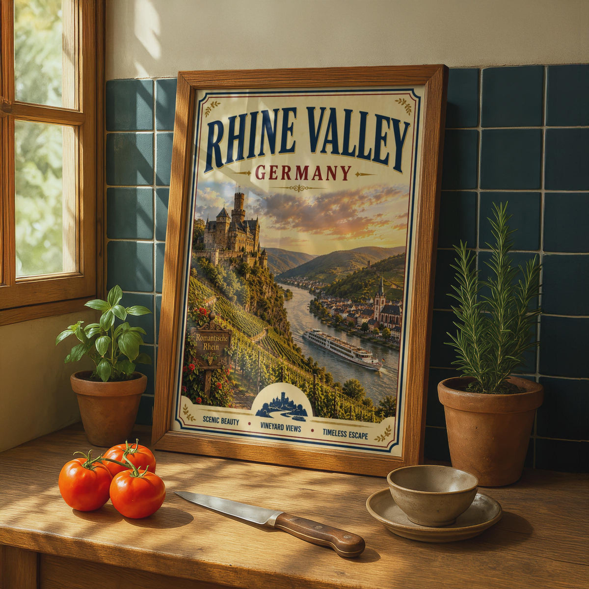Rhine Valley Germany Travel Poster, Vintage Castle Vineyard Wall Art, River Cruise
