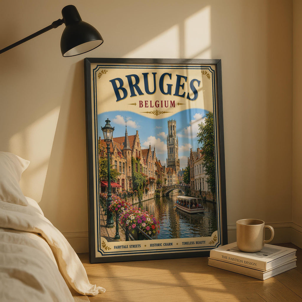 Bruges Belgium Travel Poster, Vintage Canal Wall Art, Belgian City Print, Europe
