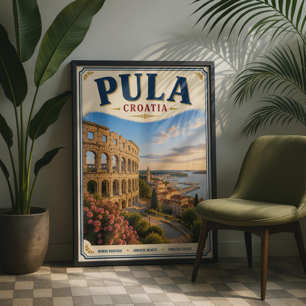 Pula Croatia Travel Poster, Roman Arena Adriatic Wall Art, Vintage Retro Croatian City Print