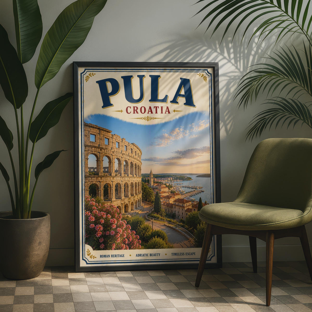 Pula Croatia Travel Poster, Roman Arena Adriatic Wall Art, Vintage Retro Croatian City Print