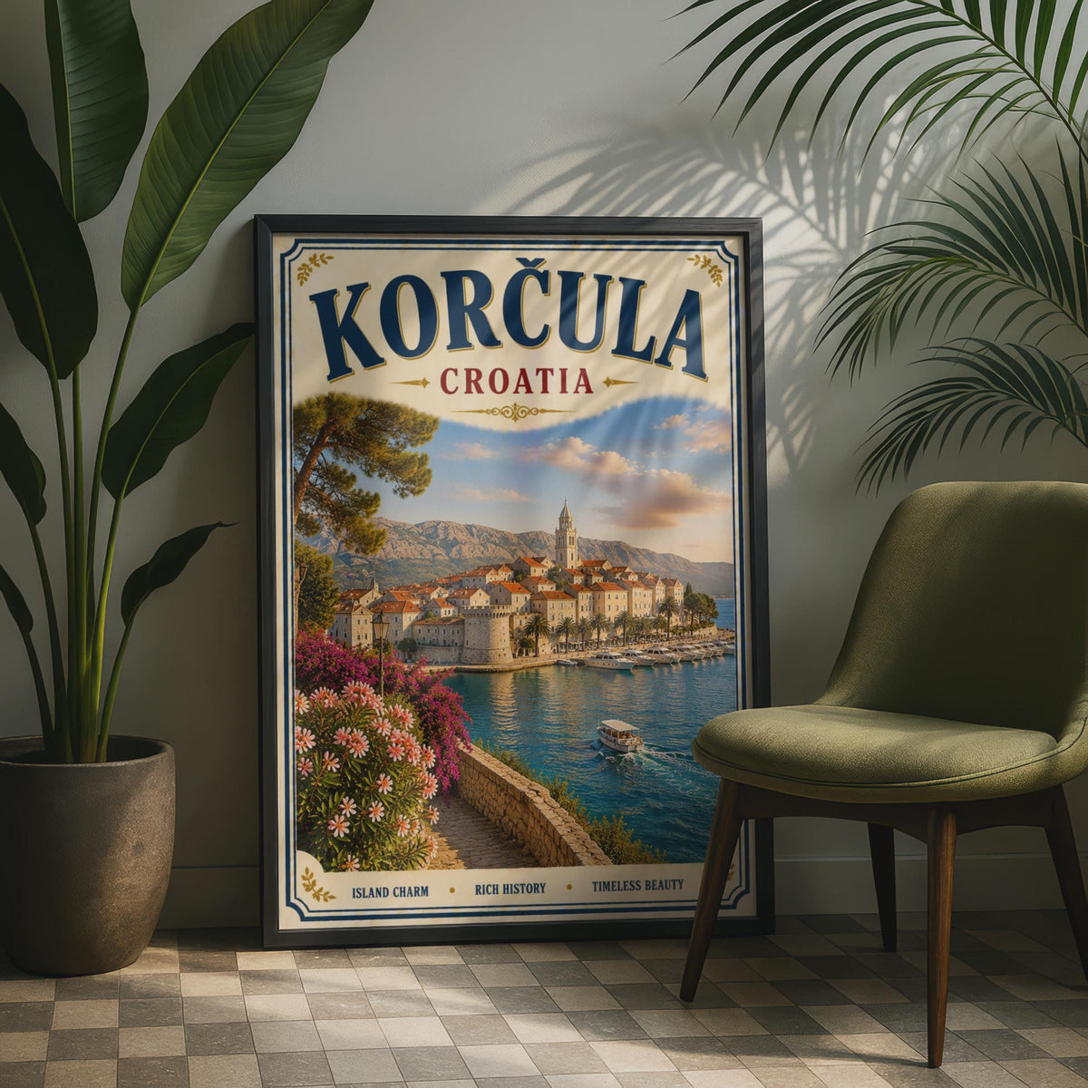 Korcula Croatia Vintage Travel Poster, Dalmatian Coast Wall Art, Adriatic Sea Print