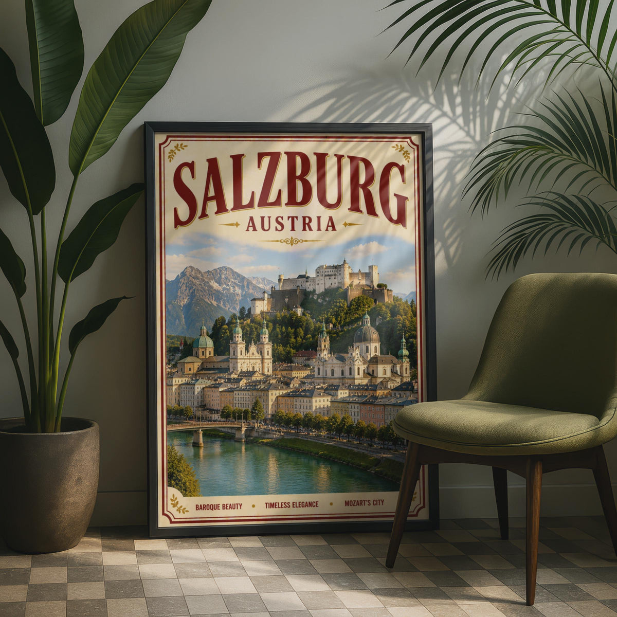 Salzburg Austria Vintage Travel Poster, Austrian City Wall Art, Retro Europe Print