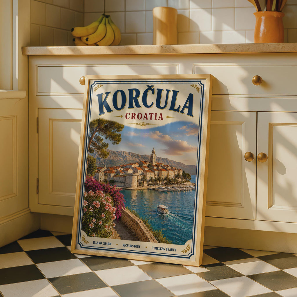 Korcula Croatia Vintage Travel Poster, Dalmatian Coast Wall Art, Adriatic Sea Print