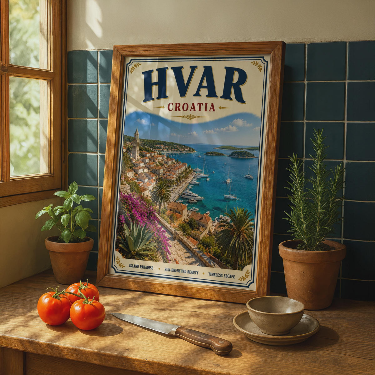 Hvar Croatia Travel Poster, Adriatic Sea Vintage Wall Art, Croatian Island Print