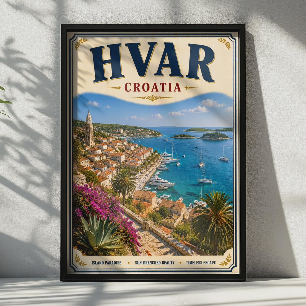 Hvar Croatia Travel Poster, Adriatic Sea Vintage Wall Art, Croatian Island Print