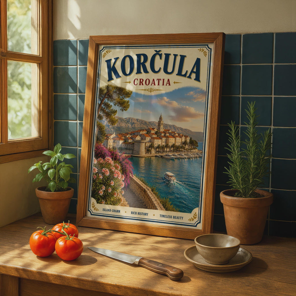 Korcula Croatia Vintage Travel Poster, Dalmatian Coast Wall Art, Adriatic Sea Print