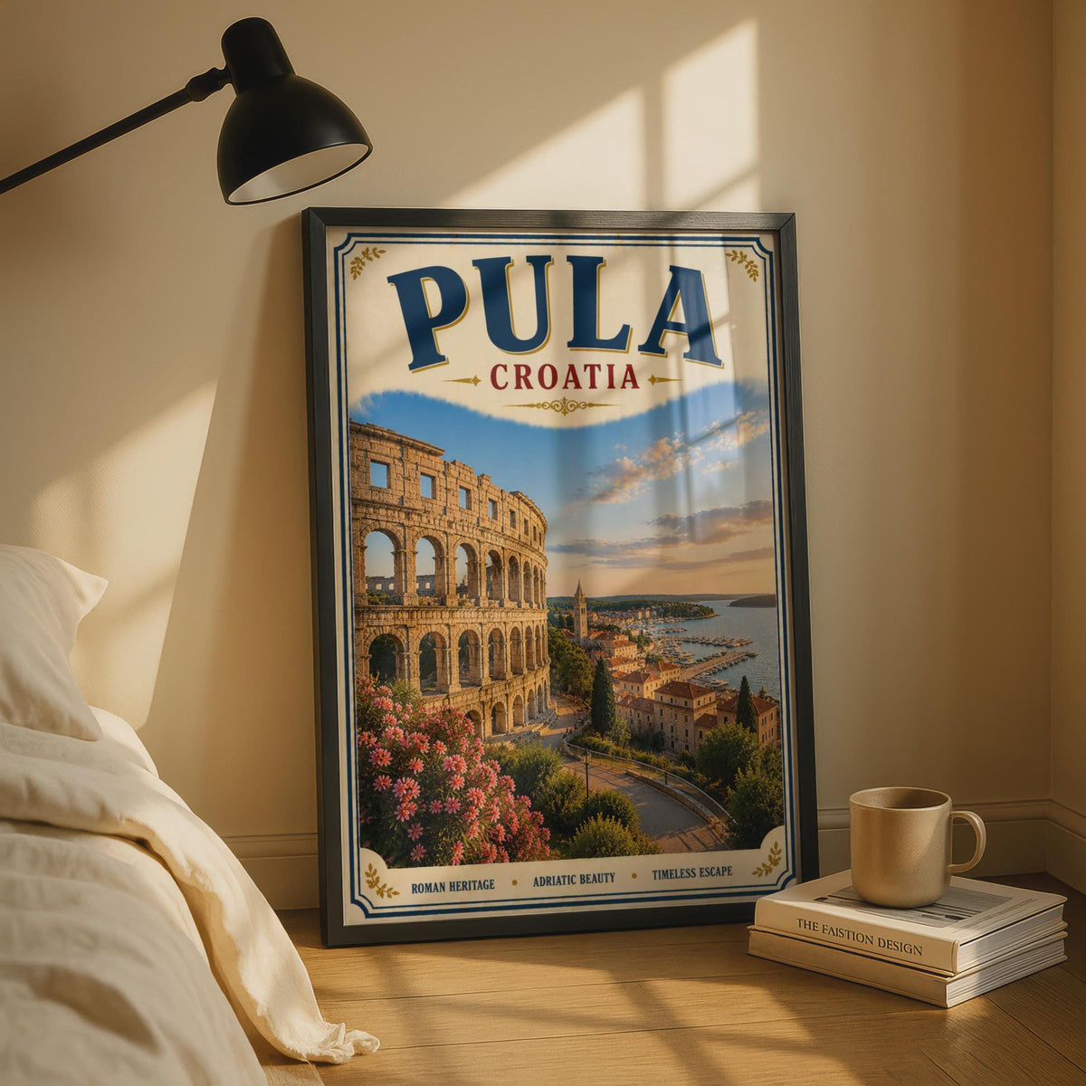 Pula Croatia Travel Poster, Roman Arena Adriatic Wall Art, Vintage Retro Croatian City Print
