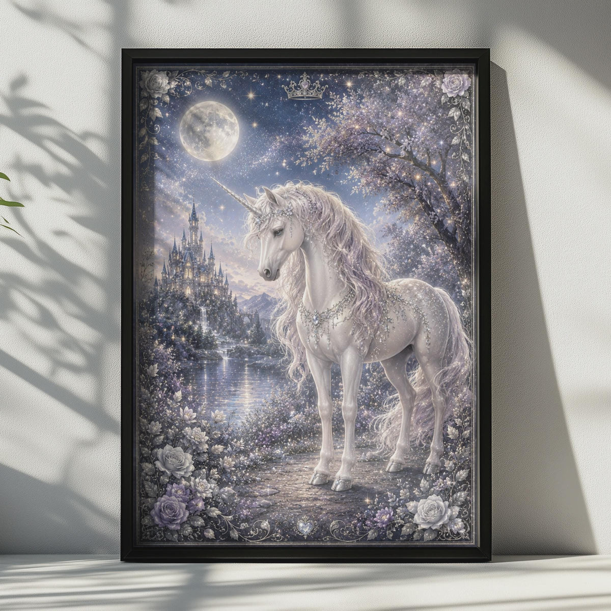 Magical Unicorn Poster, Fantasy Castle Moonlit Night, Mystical Girls Room Wall Art Print