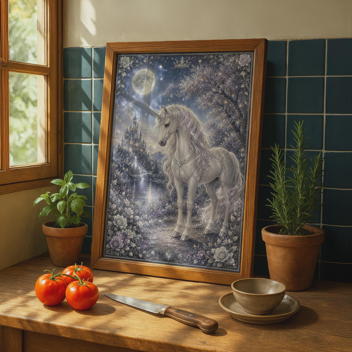 Magical Unicorn Poster, Fantasy Castle Moonlit Night, Mystical Girls Room Wall Art Print