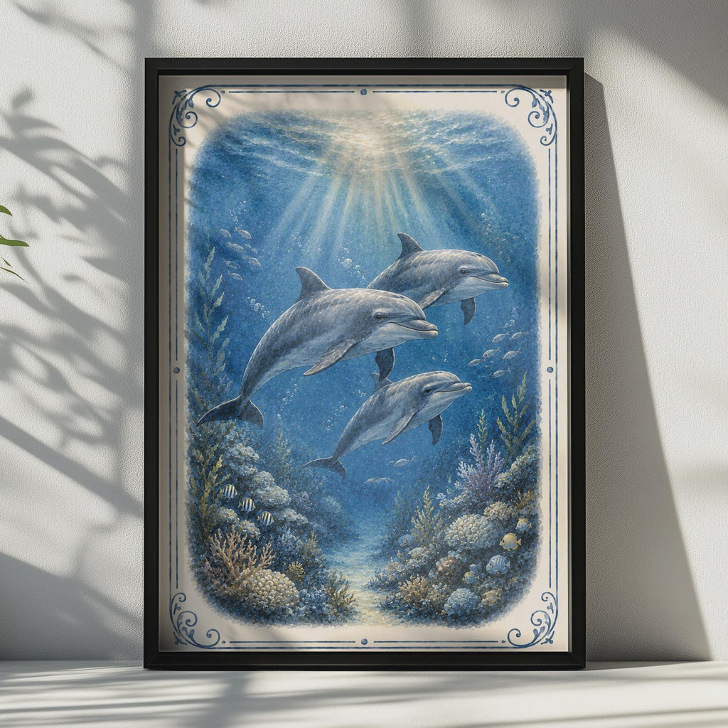 Dolphin Underwater Ocean Poster, Blue Nautical Wall Art, Coral Reef Sea Life Print