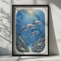 Dolphin Underwater Ocean Poster, Blue Nautical Wall Art, Coral Reef Sea Life Print