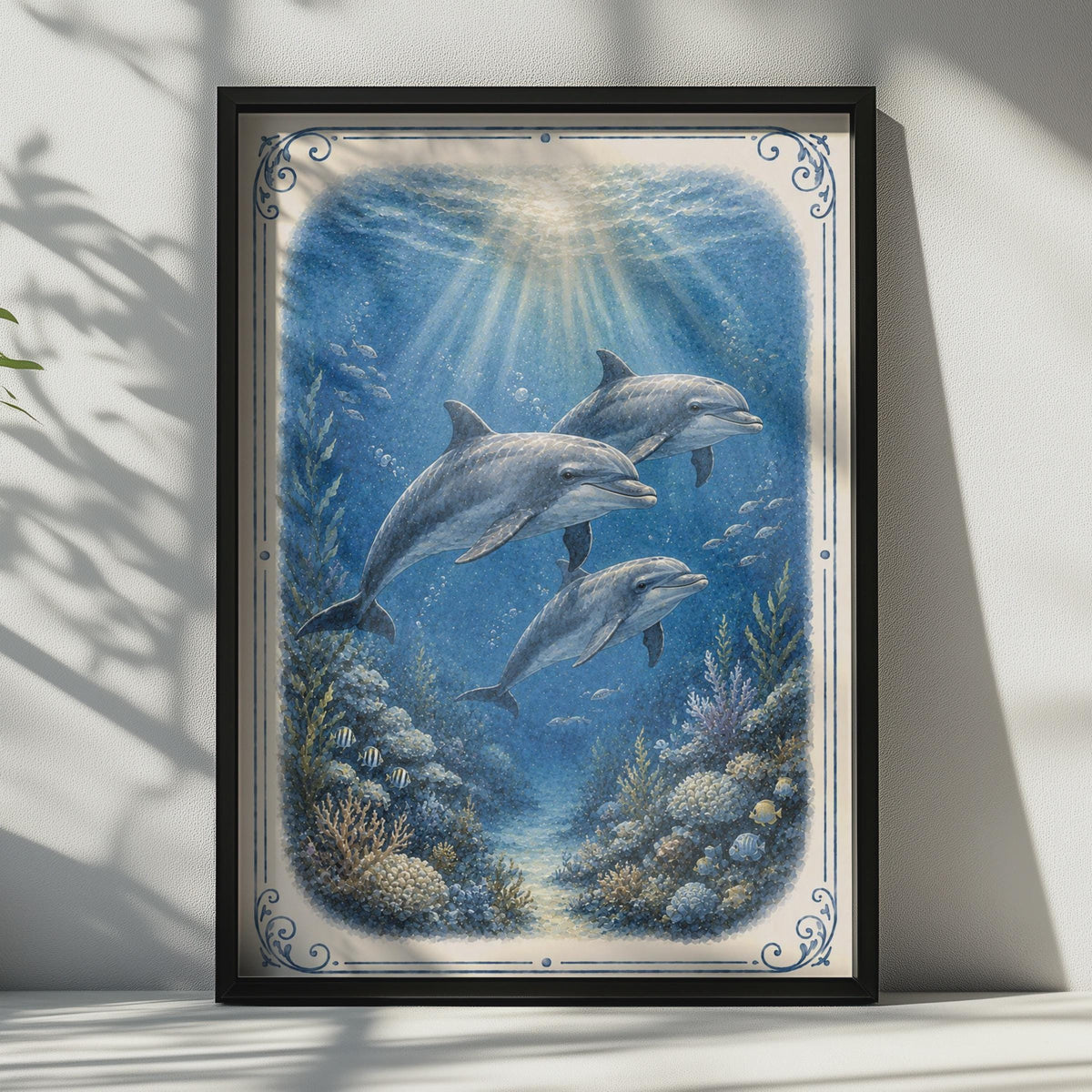 Dolphin Underwater Ocean Poster, Blue Nautical Wall Art, Coral Reef Sea Life Print