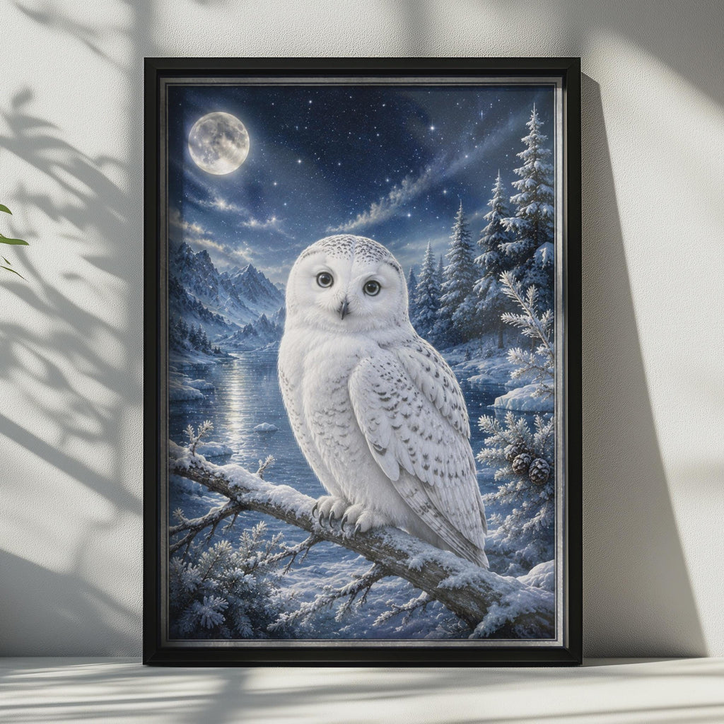 Snowy Owl Poster, Winter Night Wildlife Art, Moonlit Forest, Blue White Wall Decor