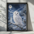 Snowy Owl Poster, Winter Night Wildlife Art, Moonlit Forest, Blue White Wall Decor