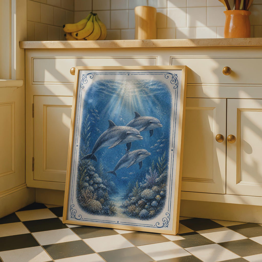 Dolphin Underwater Ocean Poster, Blue Nautical Wall Art, Coral Reef Sea Life Print