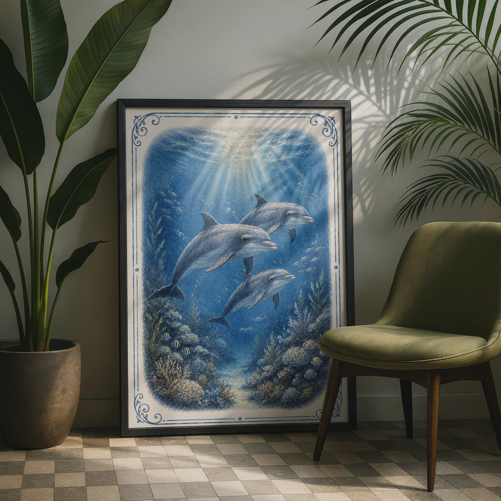 Dolphin Underwater Ocean Poster, Blue Nautical Wall Art, Coral Reef Sea Life Print
