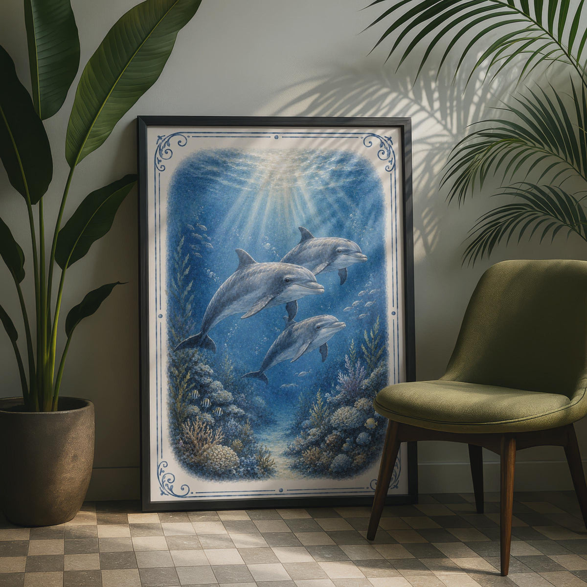 Dolphin Underwater Ocean Poster, Blue Nautical Wall Art, Coral Reef Sea Life Print