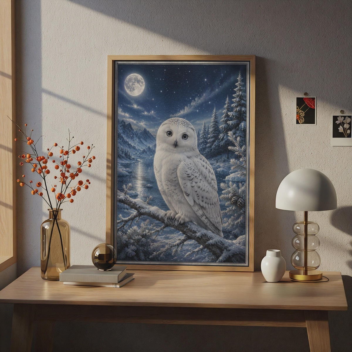 Snowy Owl Poster, Winter Night Wildlife Art, Moonlit Forest, Blue White Wall Decor