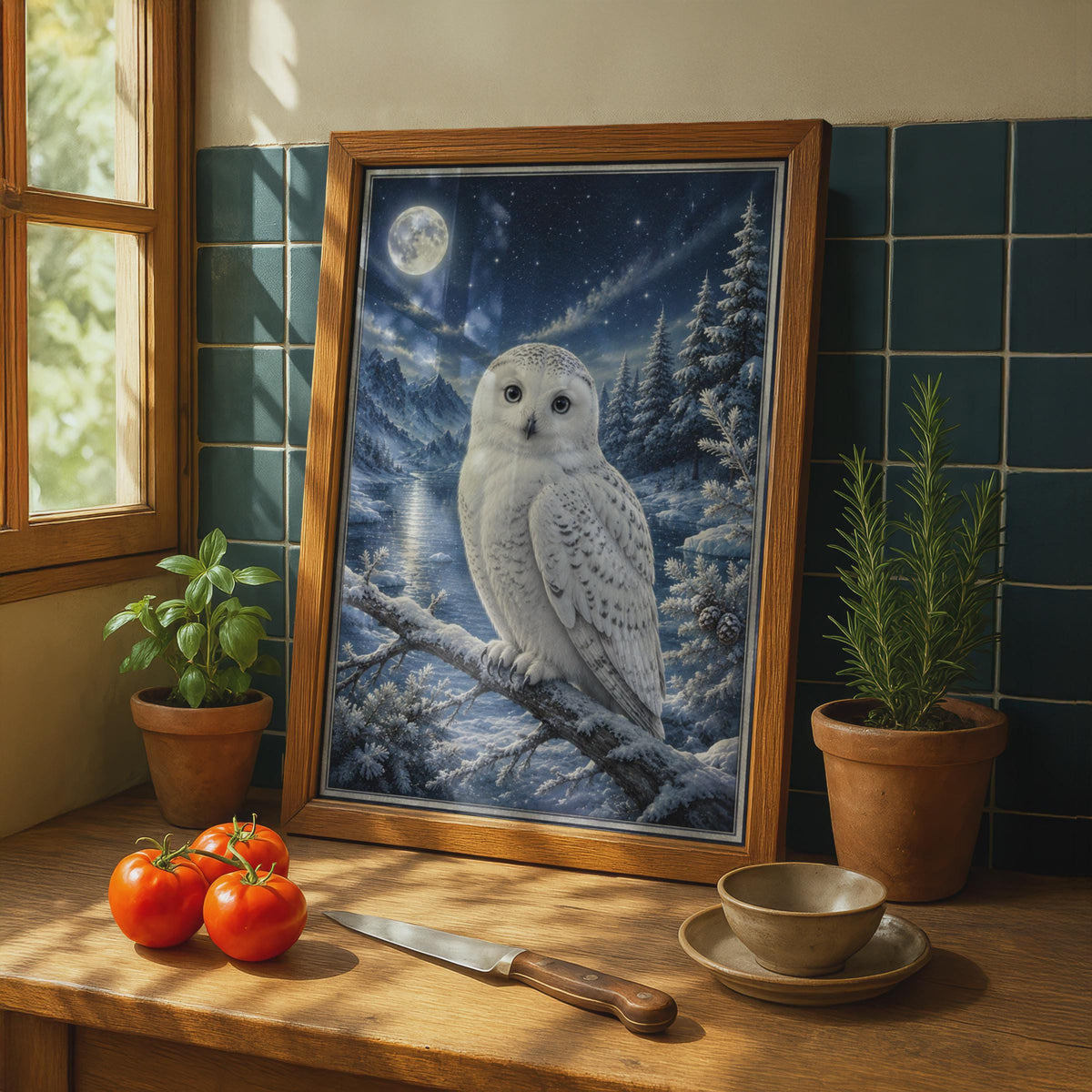 Snowy Owl Poster, Winter Night Wildlife Art, Moonlit Forest, Blue White Wall Decor