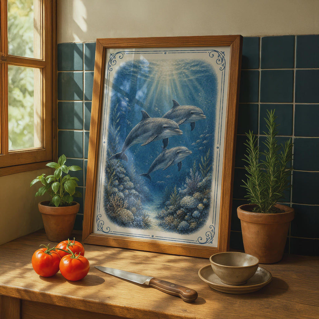 Dolphin Underwater Ocean Poster, Blue Nautical Wall Art, Coral Reef Sea Life Print