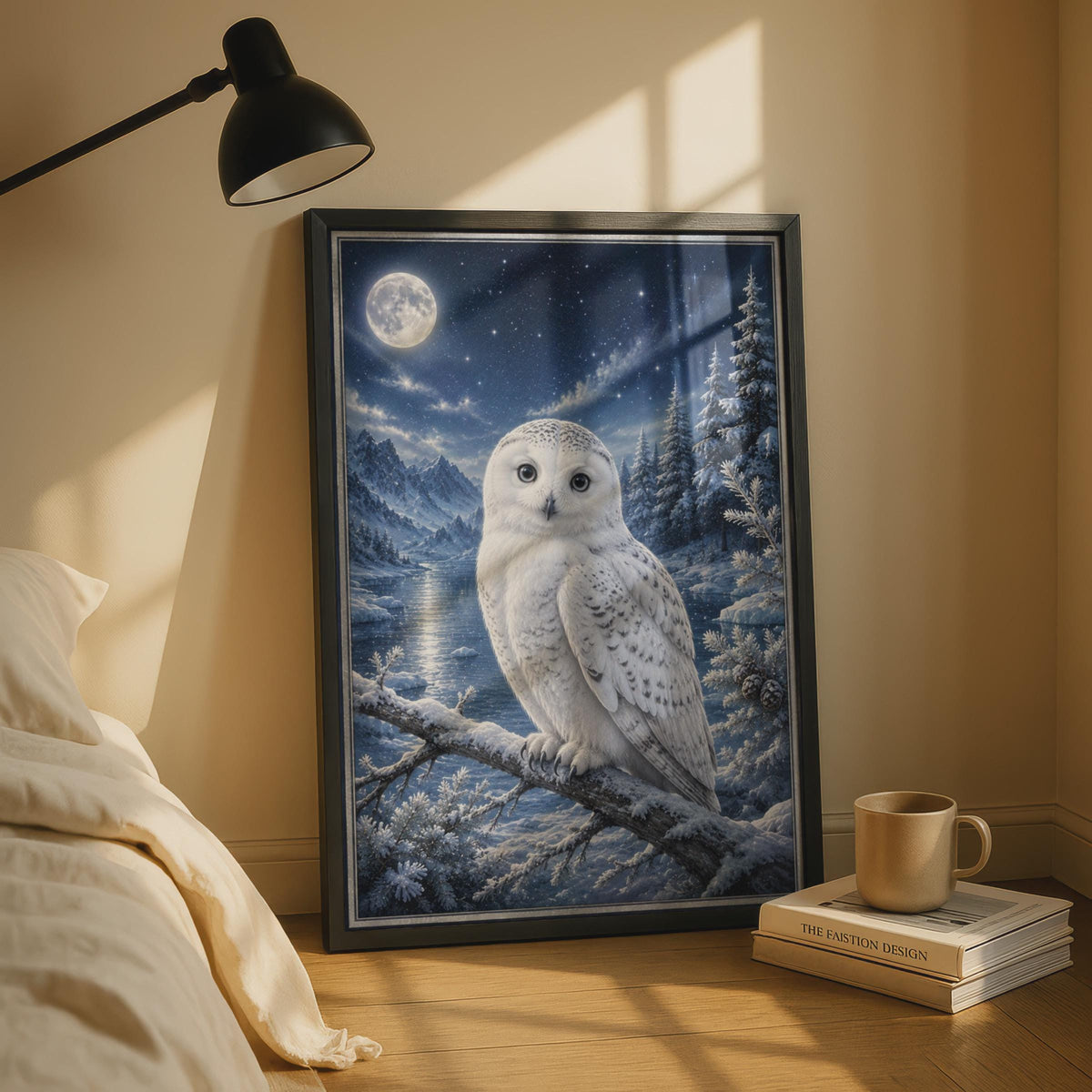 Snowy Owl Poster, Winter Night Wildlife Art, Moonlit Forest, Blue White Wall Decor
