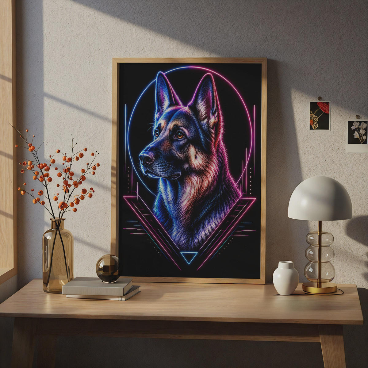 German Shepherd Neon Poster, Cyberpunk Dog Wall Art, Blue Pink GSD Portrait Print