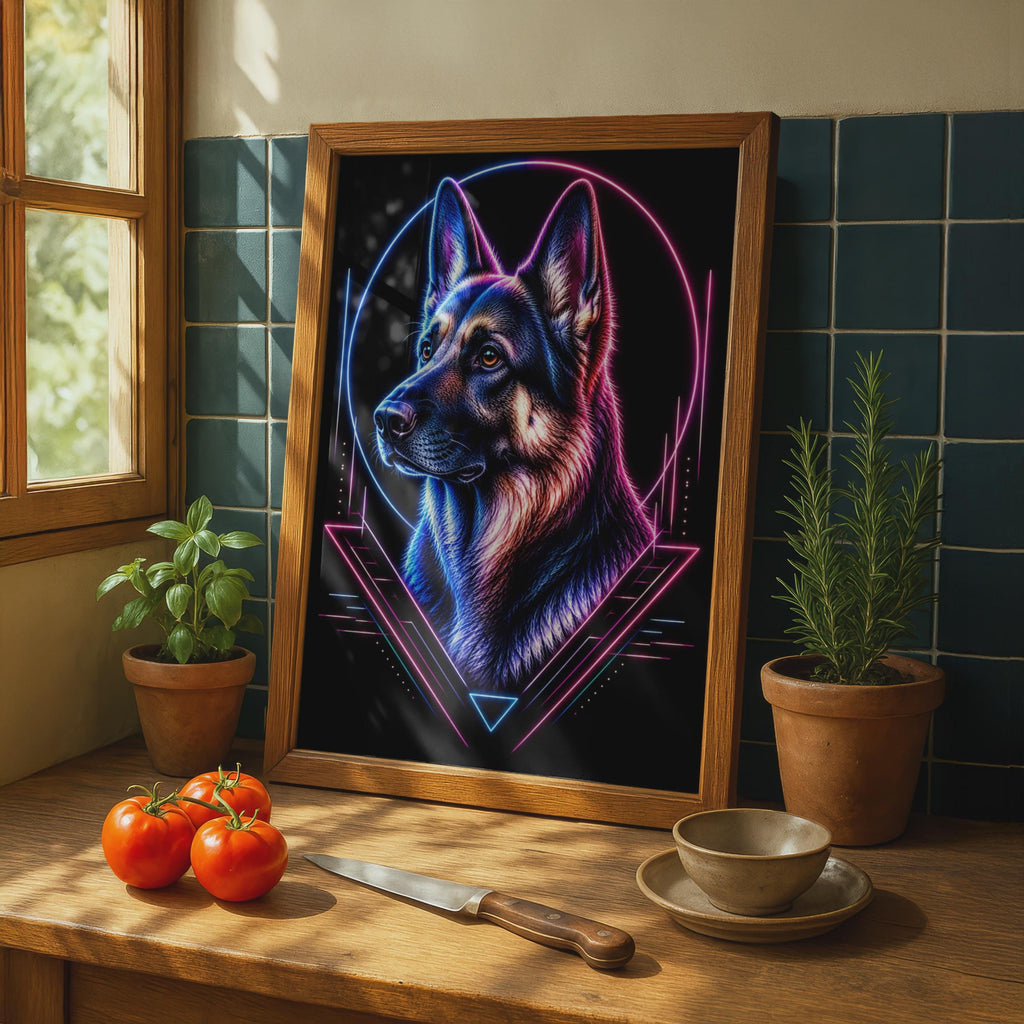 German Shepherd Neon Poster, Cyberpunk Dog Wall Art, Blue Pink GSD Portrait Print