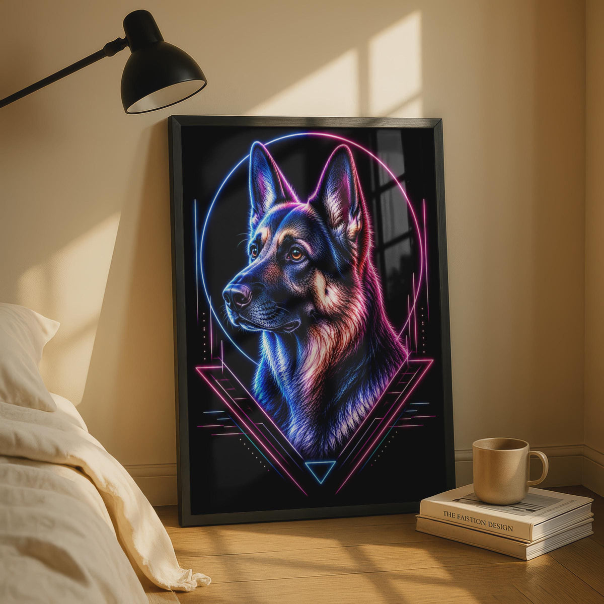 German Shepherd Neon Poster, Cyberpunk Dog Wall Art, Blue Pink GSD Portrait Print