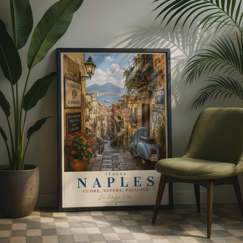Naples Italy Travel Poster, Vintage Italian Street Scene, Vespa La Dolce Vita Wall Art