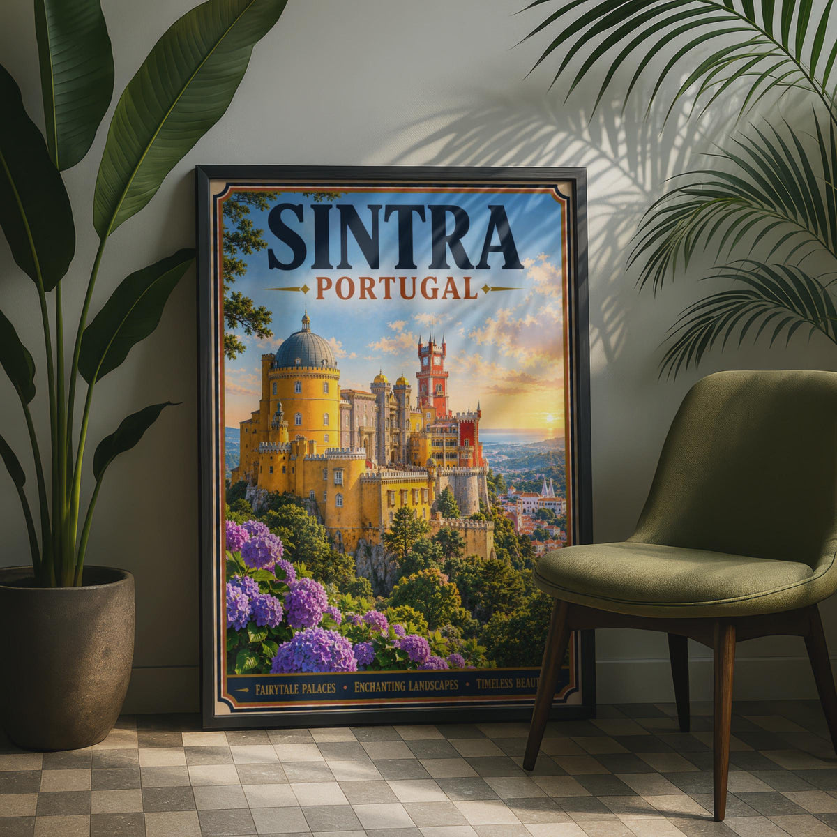 Sintra Portugal Travel Poster, Pena Palace Wall Art, Vintage Style Portuguese Castle Print