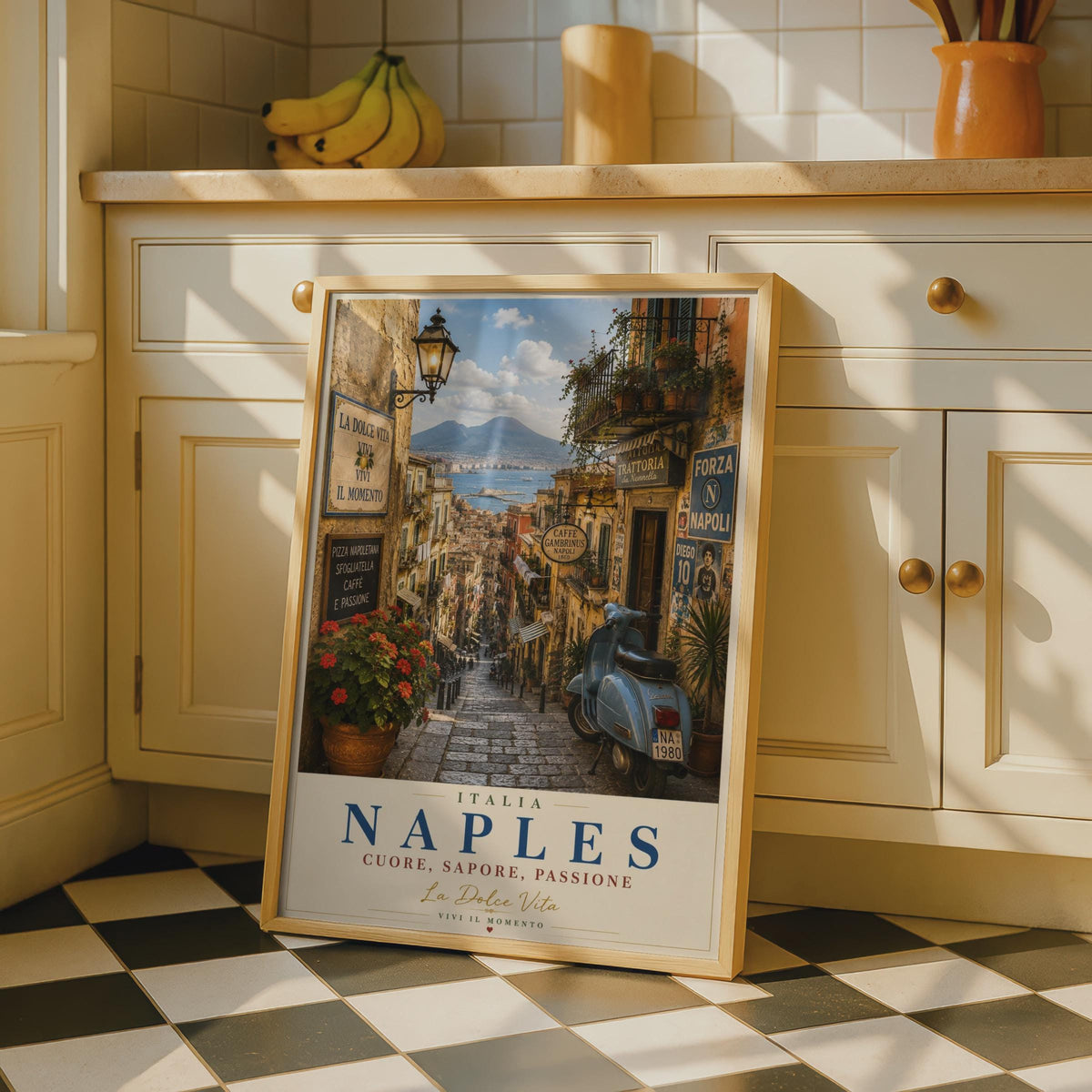 Naples Italy Travel Poster, Vintage Italian Street Scene, Vespa La Dolce Vita Wall Art