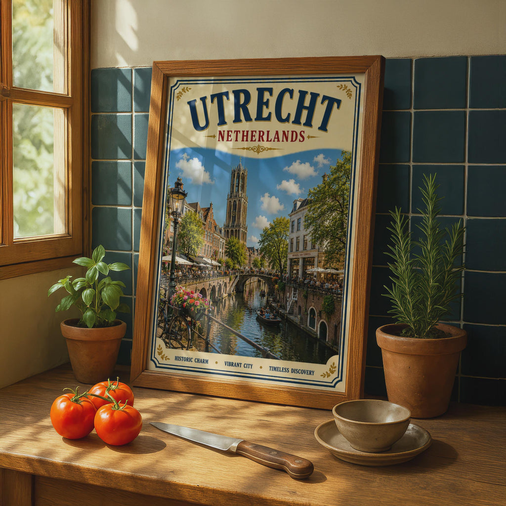Utrecht Netherlands Travel Poster, Vintage Dutch Canal Wall Art, Holland City Print
